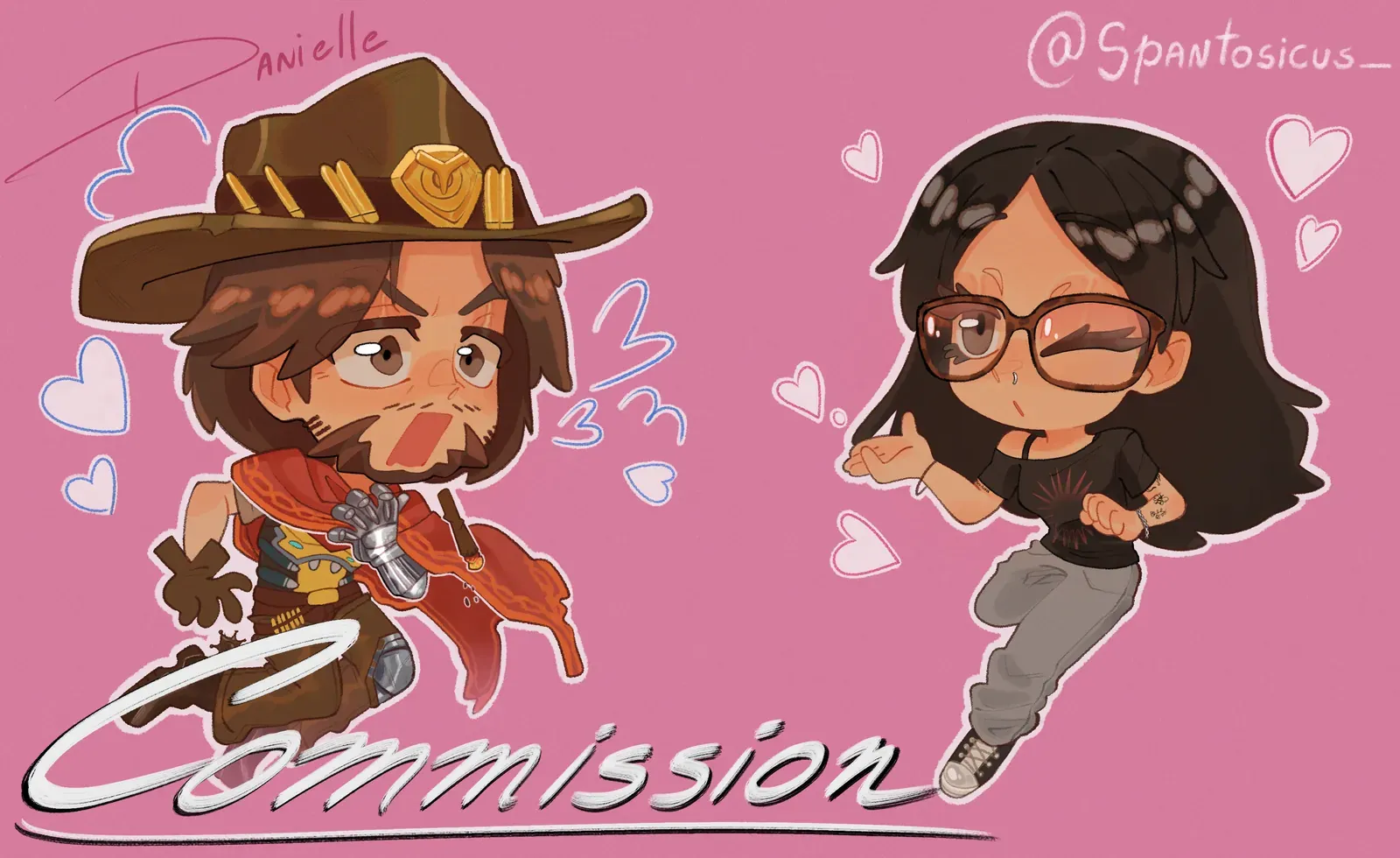 Commission: Chibi illustration of Cassid and Nicole on a pink background with hearts