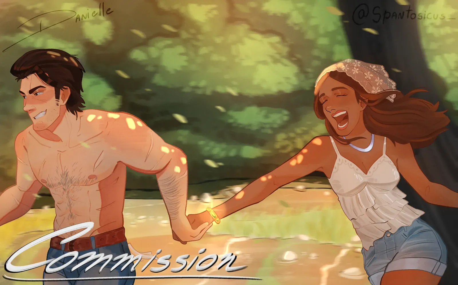 Commission: Illustration of Johnny and Maria running hand in hand through sunlit woods