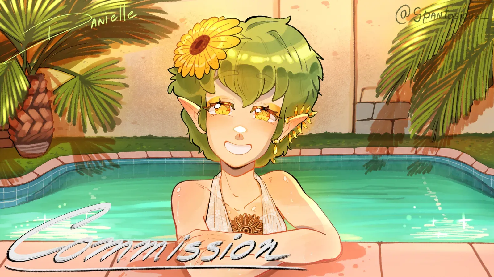 Commission: Illustration of Pidgeonotte, an elf with green hair and a sunflower, in a swimming pool
