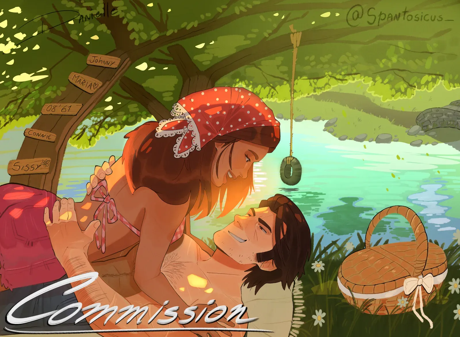 Commission: Illustration of Johnny and Maria at a picnic under a tree by a lake