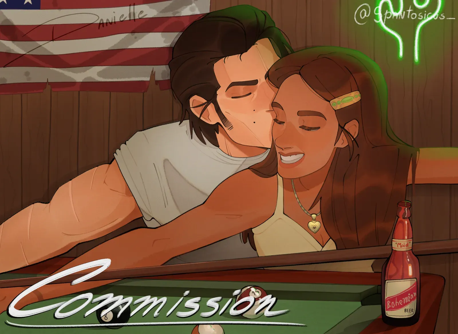 Commission: Illustration of Johnny and Maria leaning over a pool table in a bar