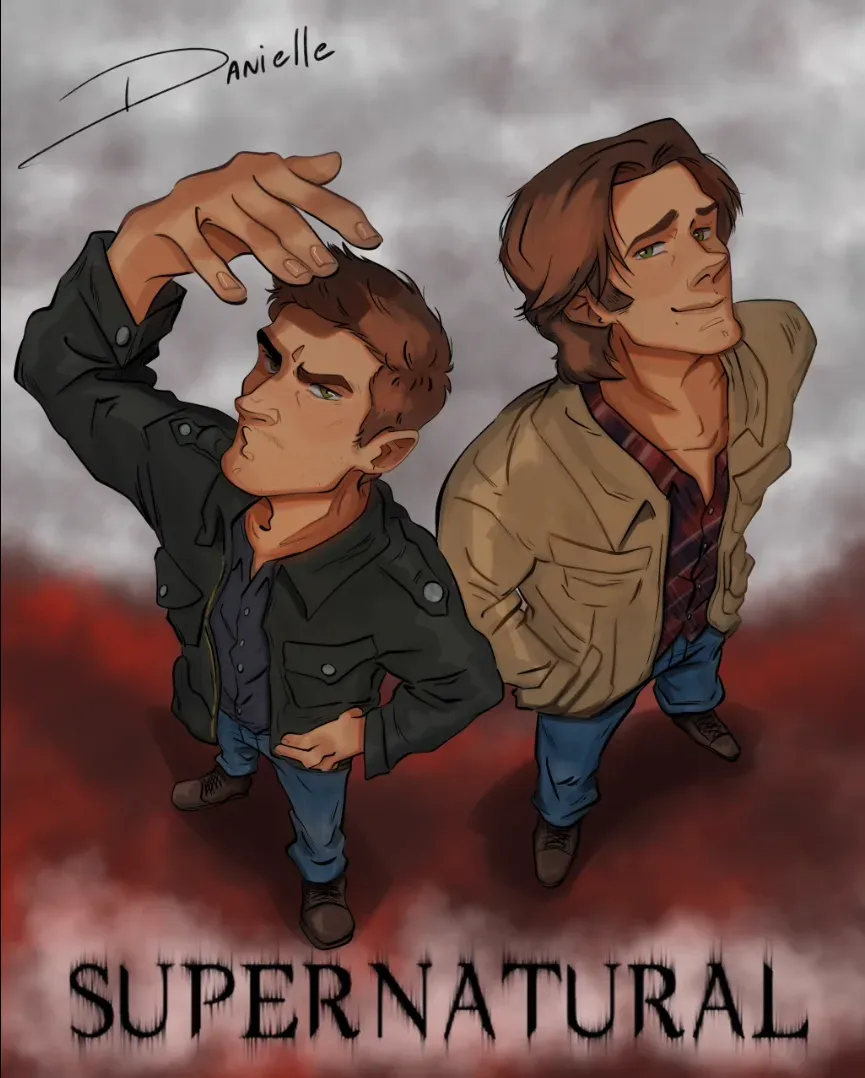 Final stage of the same illustration — Dean and Sam Winchester against a smoke and ember background, signed by Danielle Spantosicus