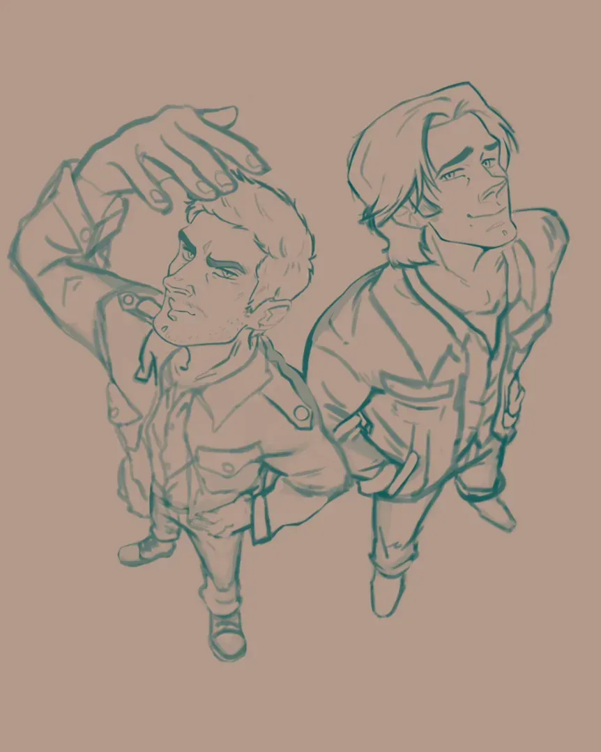 Sketch stage of a Supernatural fan art illustration — Dean and Sam Winchester in loose teal linework, seen from above