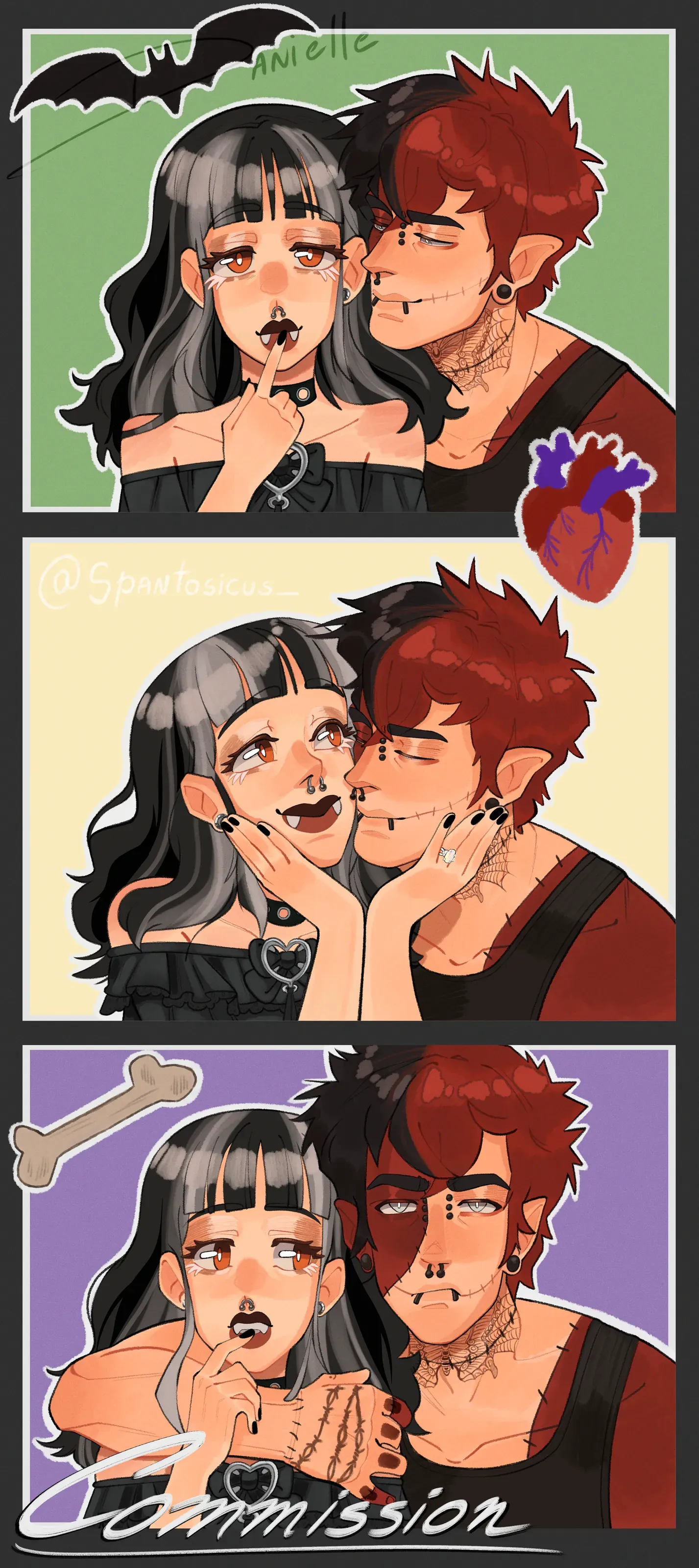Commission: Three-panel illustration of Tyler and Ivy from the chest up, each panel in a different mood