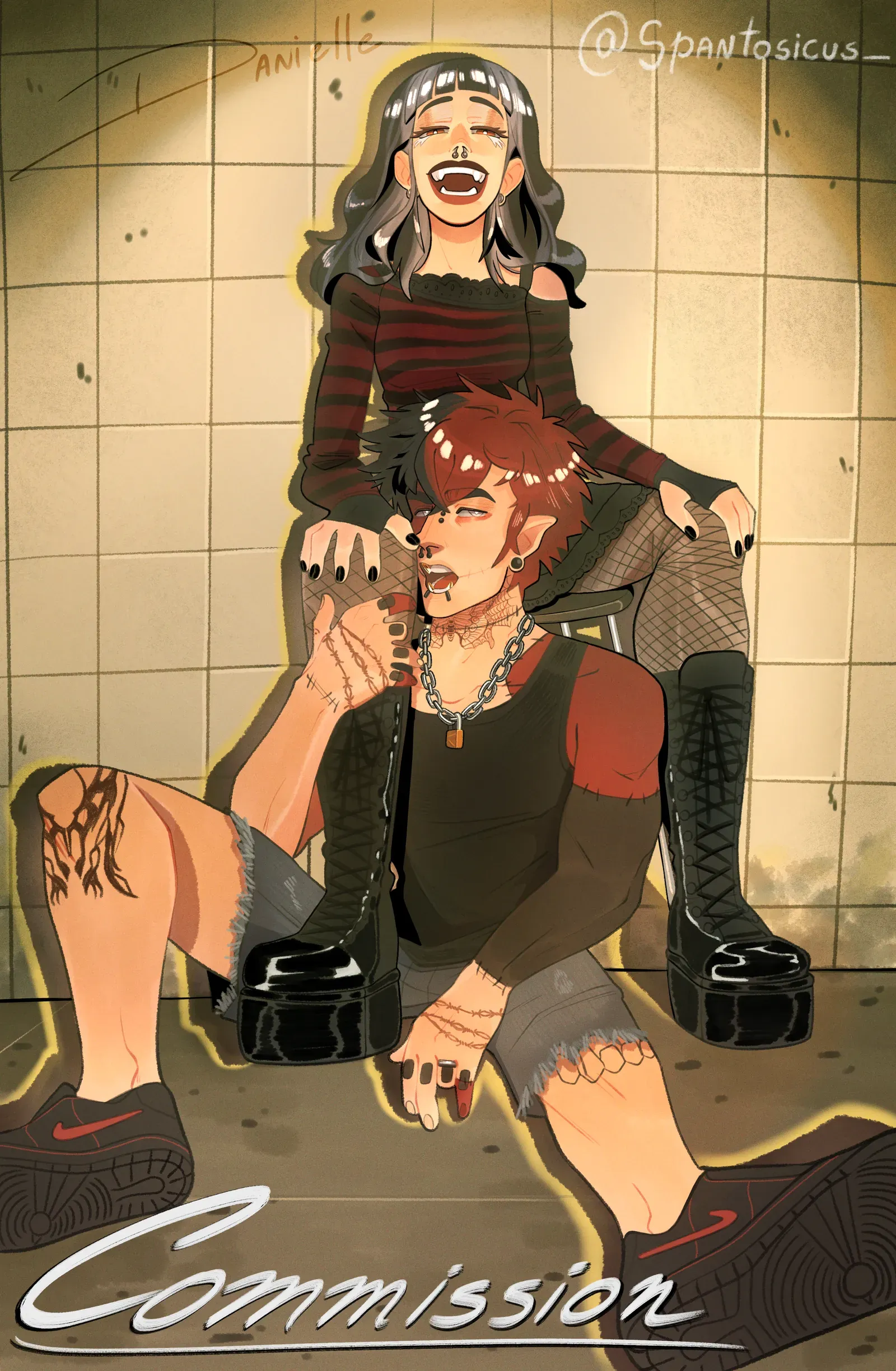 Commission: Full-body illustration of Tyler and Ivy, with Ivy sitting on Tyler's shoulders