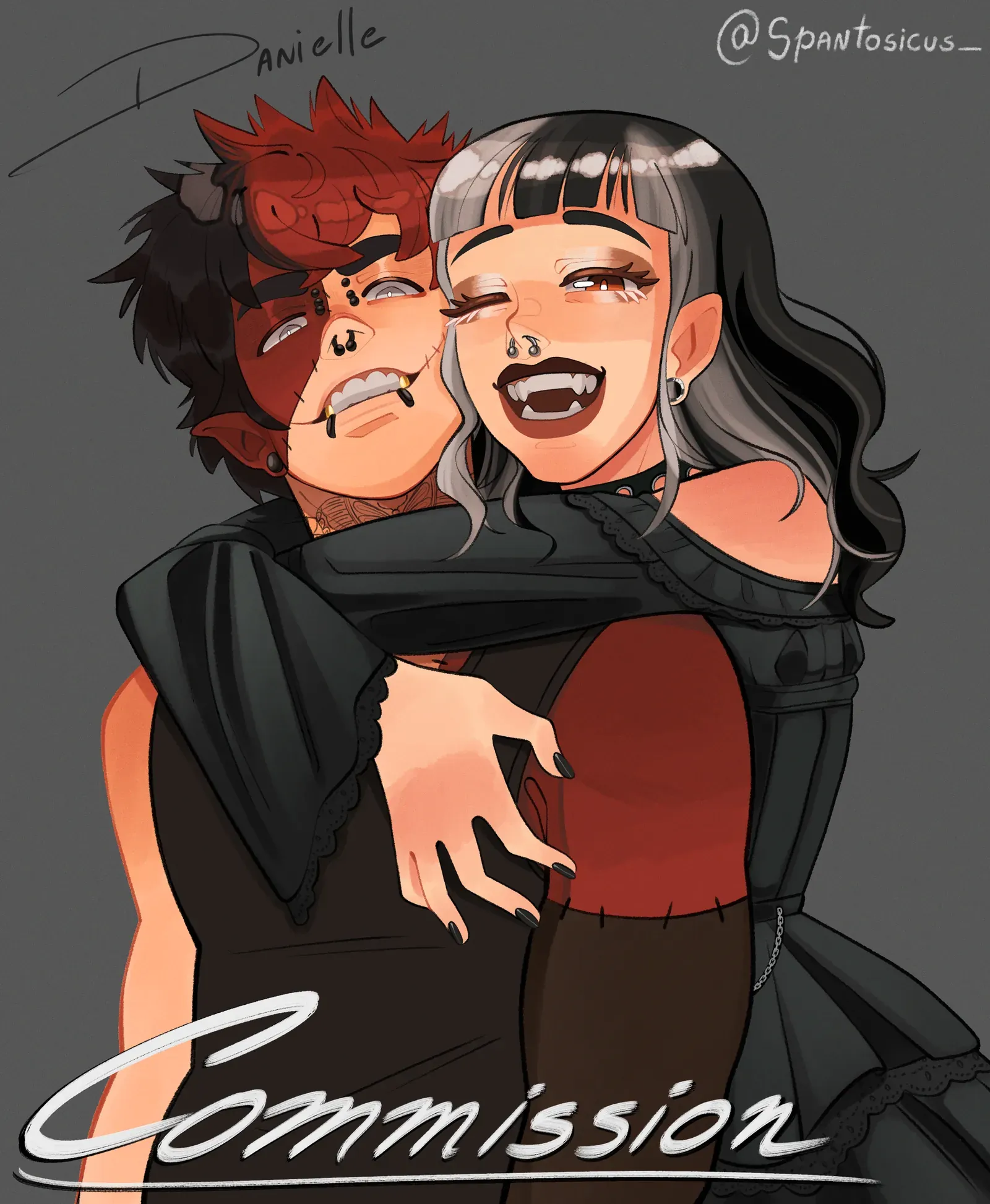Commission: Illustration of Tyler and Ivy embracing, shown from the waist up